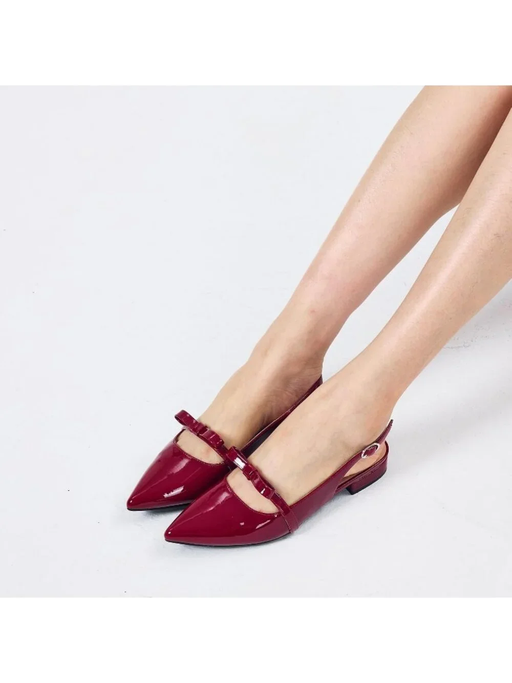 Women's Wine Red Leather Slingback Flats Rhinestone Closed Pointed Toe Shoes